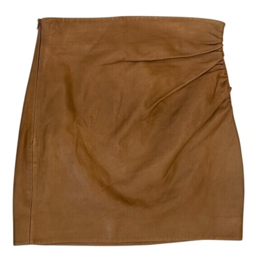 The Sei Lambskin Leather Ruched Mini Skirt Chestnut Brown Size 4
